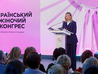 First Lady of Ukraine Olena Zelenska delivers a speech during the opening of the Eighth Ukrainian Women's Congress in Kyiv, Ukraine, on Nove...