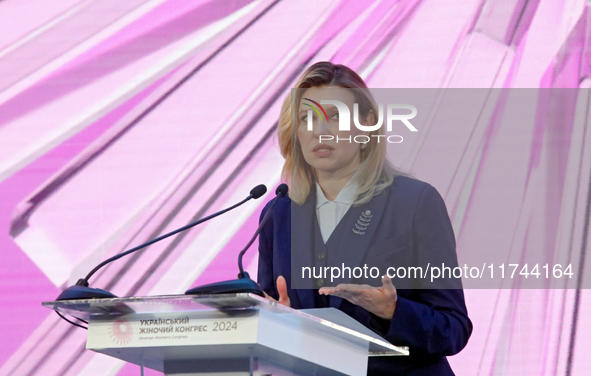 First Lady of Ukraine Olena Zelenska delivers a speech during the opening of the Eighth Ukrainian Women's Congress in Kyiv, Ukraine, on Nove...