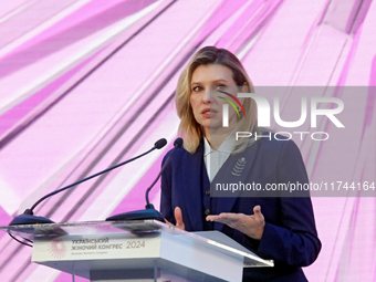 First Lady of Ukraine Olena Zelenska delivers a speech during the opening of the Eighth Ukrainian Women's Congress in Kyiv, Ukraine, on Nove...