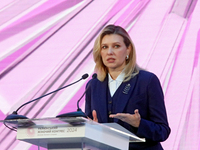 First Lady of Ukraine Olena Zelenska delivers a speech during the opening of the Eighth Ukrainian Women's Congress in Kyiv, Ukraine, on Nove...