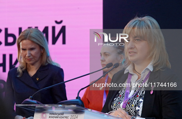 Oksana Tsybukh, the mother of the late paramedic Iryna Tsybukh, attends the Eighth Ukrainian Women's Congress in Kyiv, Ukraine, on November...