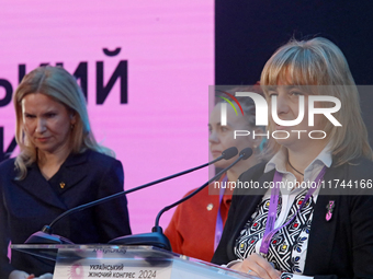 Oksana Tsybukh, the mother of the late paramedic Iryna Tsybukh, attends the Eighth Ukrainian Women's Congress in Kyiv, Ukraine, on November...