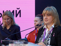 Oksana Tsybukh, the mother of the late paramedic Iryna Tsybukh, attends the Eighth Ukrainian Women's Congress in Kyiv, Ukraine, on November...