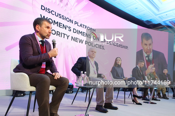 In Kyiv, Ukraine, on November 5, 2024, ICTV and United News telethon host Vadym Karpiak, Kyiv Security Forum Director Danylo Lubkivsky, chai...