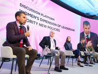 In Kyiv, Ukraine, on November 5, 2024, ICTV and United News telethon host Vadym Karpiak, Kyiv Security Forum Director Danylo Lubkivsky, chai...