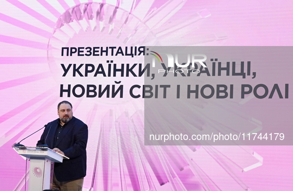 Yevhen Hlibovytskyi, Director of the Frontier Institute, delivers a speech during the Eighth Ukrainian Women's Congress in Kyiv, Ukraine, on...