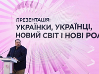 Yevhen Hlibovytskyi, Director of the Frontier Institute, delivers a speech during the Eighth Ukrainian Women's Congress in Kyiv, Ukraine, on...