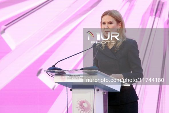 Deputy Speaker of the Verkhovna Rada of Ukraine, Olena Kondratiuk, delivers a speech during the opening of the Eighth Ukrainian Women's Cong...