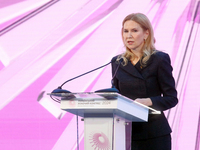 Deputy Speaker of the Verkhovna Rada of Ukraine, Olena Kondratiuk, delivers a speech during the opening of the Eighth Ukrainian Women's Cong...