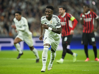 Vinicius Junior left winger of Real Madrid and Brazil celebrates after scoring his sides first goal during the UEFA Champions League 2024/25...