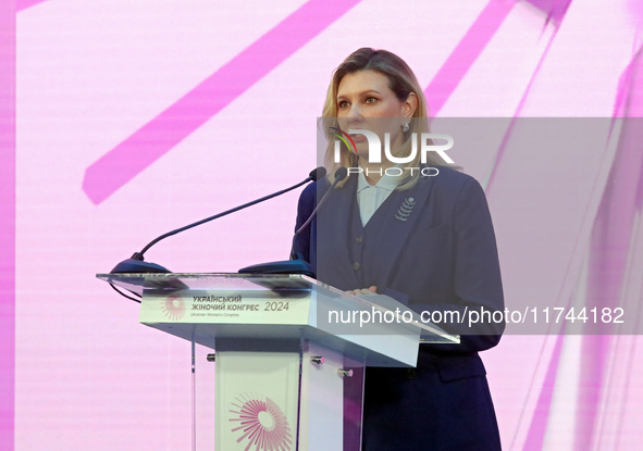 First Lady of Ukraine Olena Zelenska delivers a speech during the opening of the Eighth Ukrainian Women's Congress in Kyiv, Ukraine, on Nove...