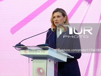 First Lady of Ukraine Olena Zelenska delivers a speech during the opening of the Eighth Ukrainian Women's Congress in Kyiv, Ukraine, on Nove...