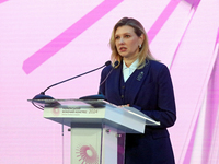 First Lady of Ukraine Olena Zelenska delivers a speech during the opening of the Eighth Ukrainian Women's Congress in Kyiv, Ukraine, on Nove...