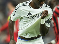 Vinicius Junior left winger of Real Madrid and Brazil celebrates after scoring his sides first goal during the UEFA Champions League 2024/25...