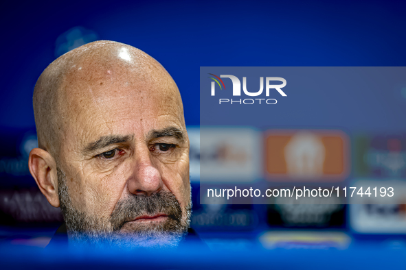 PSV Eindhoven trainer Peter Bosz speaks during the press conference after the match between PSV and Girona at the Philips Stadium for the UE...