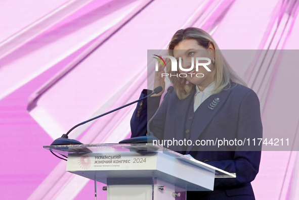 First Lady of Ukraine Olena Zelenska delivers a speech during the opening of the Eighth Ukrainian Women's Congress in Kyiv, Ukraine, on Nove...