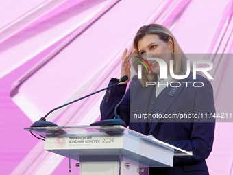 First Lady of Ukraine Olena Zelenska delivers a speech during the opening of the Eighth Ukrainian Women's Congress in Kyiv, Ukraine, on Nove...