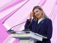 First Lady of Ukraine Olena Zelenska delivers a speech during the opening of the Eighth Ukrainian Women's Congress in Kyiv, Ukraine, on Nove...