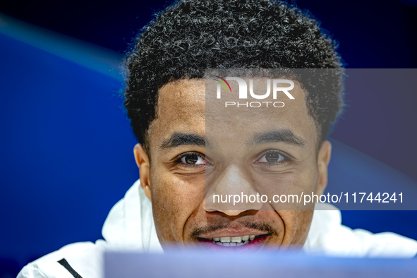 PSV Eindhoven midfielder Malik Tillman speaks during the press conference after the match between PSV and Girona at the Philips Stadium for...