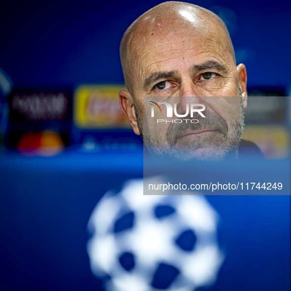 PSV Eindhoven trainer Peter Bosz speaks during the press conference after the match between PSV and Girona at the Philips Stadium for the UE...