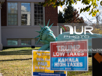 Zaq Landsberg's ''Reclining Liberty'' statue lies on the lawn behind campgain signs at the Museum of Contemporary Art, a polling place in Ar...