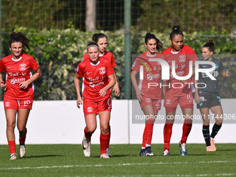 Miriam Picchi of F.C. Como Women celebrates after scoring the goal of 4-1 during the round of 16 of Coppa Italia Femminile between S.S. Lazi...