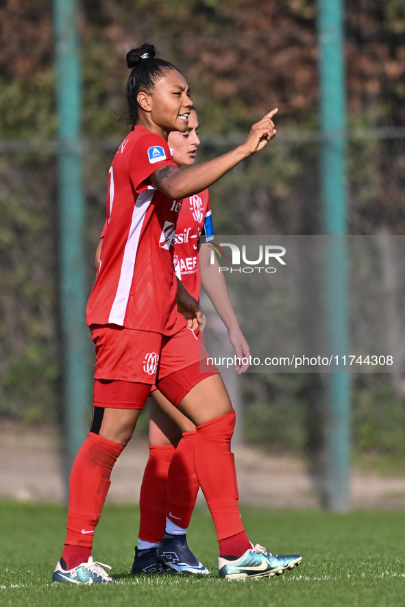 Miriam Picchi of F.C. Como Women celebrates after scoring the goal of 4-1 during the round of 16 of Coppa Italia Femminile between S.S. Lazi...