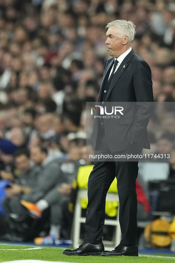 Carlo Ancelotti head coach of Real Madrid reacts during the UEFA Champions League 2024/25 League Phase MD4 match between Real Madrid C.F. an...