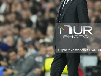 Carlo Ancelotti head coach of Real Madrid reacts during the UEFA Champions League 2024/25 League Phase MD4 match between Real Madrid C.F. an...