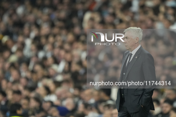 Carlo Ancelotti head coach of Real Madrid reacts during the UEFA Champions League 2024/25 League Phase MD4 match between Real Madrid C.F. an...