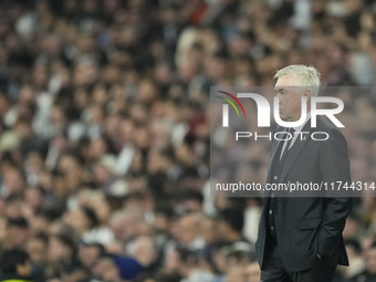 Carlo Ancelotti head coach of Real Madrid reacts during the UEFA Champions League 2024/25 League Phase MD4 match between Real Madrid C.F. an...