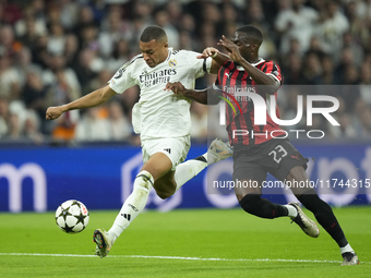 Kylian Mbappe centre-forward of Real Madrid and France and Fikayo Tomori centre-back of AC Milan and England during the UEFA Champions Leagu...