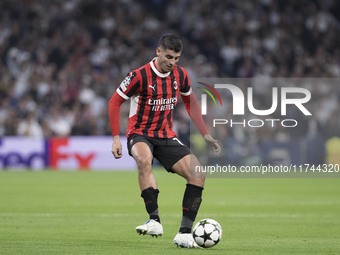 Alvaro Morata of AC Milan is in action during the UEFA Champions League 2024/25 match between Real Madrid and AC Milan at Santiago Bernabeu...