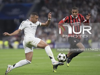 Kylian Mbappe of Real Madrid controls the ball during the UEFA Champions League 2024/25 match between Real Madrid and AC Milan at Santiago B...