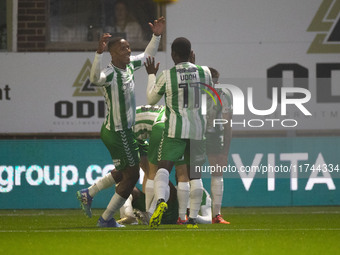 Richard Kone #24 of Wycombe Wanderers F.C. celebrates his goal with teammates during the Sky Bet League 1 match between Stockport County and...