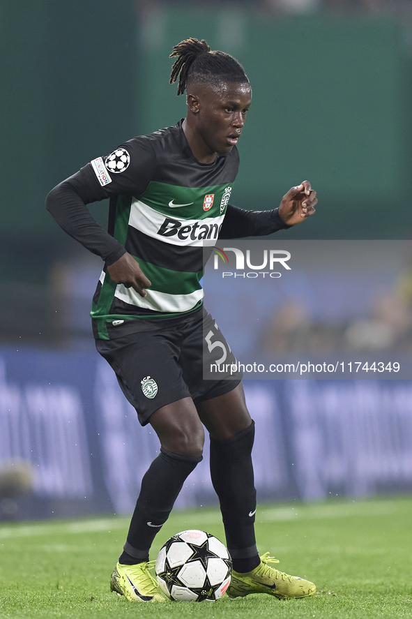 Geovany Quenda of Sporting CP is in action during the UEFA Champions League match between Sporting CP and Manchester City at Jose Alvalade S...