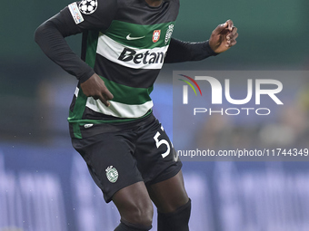 Geovany Quenda of Sporting CP is in action during the UEFA Champions League match between Sporting CP and Manchester City at Jose Alvalade S...