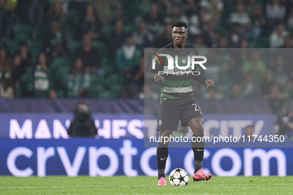 Ousmane Diomande of Sporting CP plays during the UEFA Champions League match between Sporting CP and Manchester City at Jose Alvalade Stadiu...