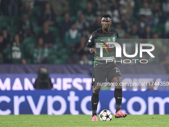 Ousmane Diomande of Sporting CP plays during the UEFA Champions League match between Sporting CP and Manchester City at Jose Alvalade Stadiu...