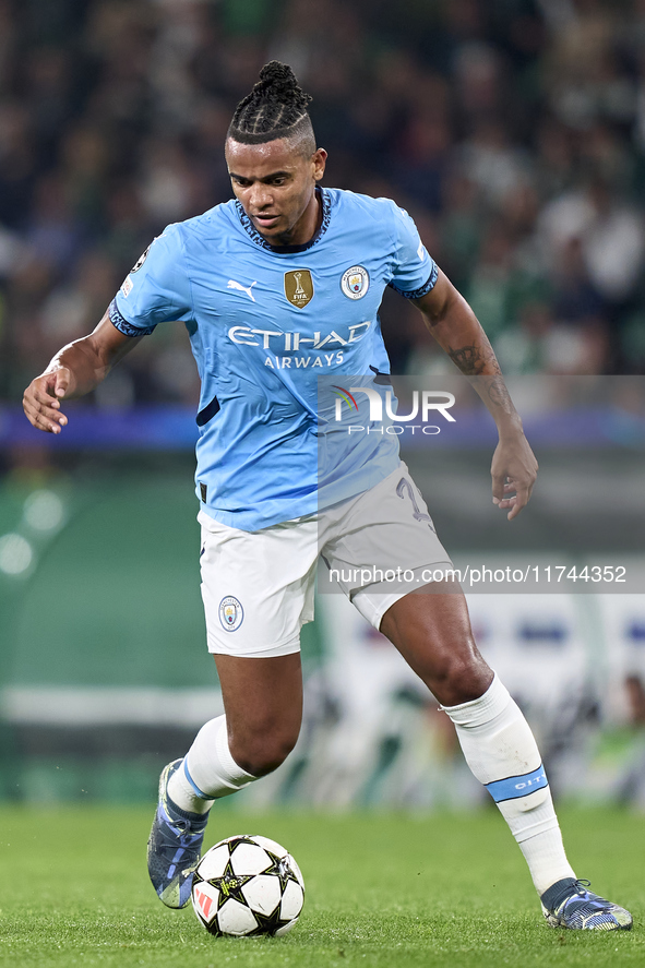 Manuel Akanji of Manchester City is in action during the UEFA Champions League match between Sporting CP and Manchester City at Jose Alvalad...