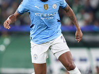 Manuel Akanji of Manchester City is in action during the UEFA Champions League match between Sporting CP and Manchester City at Jose Alvalad...