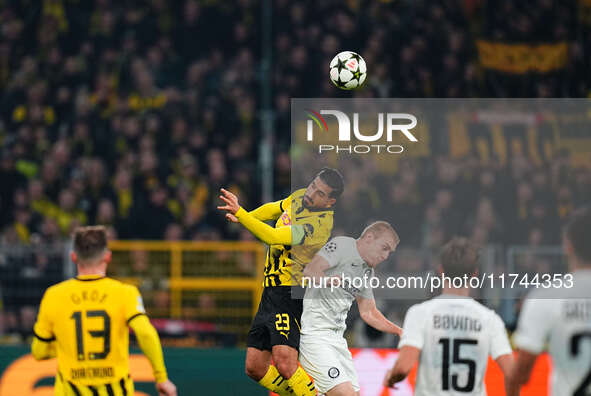 Emre Can of Borussia Dortmund  heads during the Champions League Round 4 match between Borussia Dortmund v SK Sturm Graz at the Signal Luna...