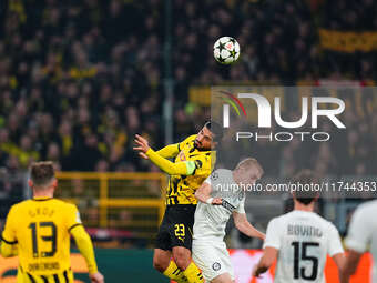 Emre Can of Borussia Dortmund  heads during the Champions League Round 4 match between Borussia Dortmund v SK Sturm Graz at the Signal Luna...