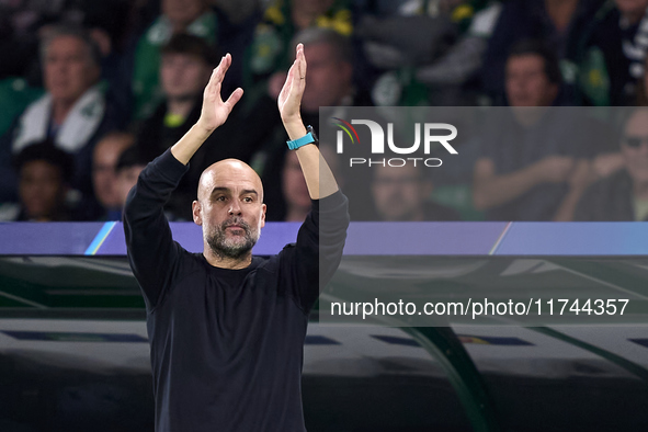 Pep Guardiola, Head Coach of Manchester City, reacts during the UEFA Champions League match between Sporting CP and Manchester City at Jose...