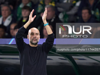 Pep Guardiola, Head Coach of Manchester City, reacts during the UEFA Champions League match between Sporting CP and Manchester City at Jose...