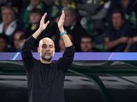 Pep Guardiola, Head Coach of Manchester City, reacts during the UEFA Champions League match between Sporting CP and Manchester City at Jose...