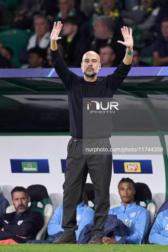 Pep Guardiola, Head Coach of Manchester City, reacts during the UEFA Champions League match between Sporting CP and Manchester City at Jose...