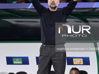 Pep Guardiola, Head Coach of Manchester City, reacts during the UEFA Champions League match between Sporting CP and Manchester City at Jose...