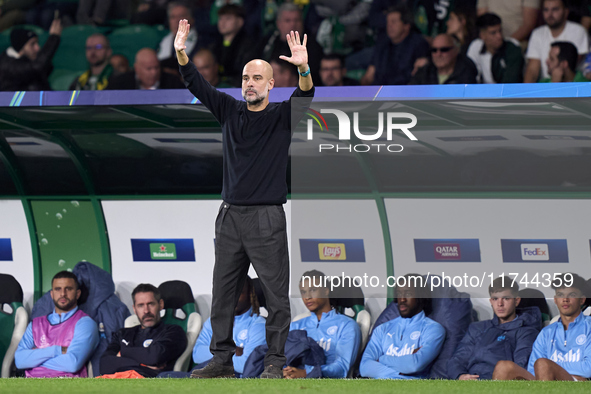 Pep Guardiola, Head Coach of Manchester City, reacts during the UEFA Champions League match between Sporting CP and Manchester City at Jose...