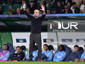 Pep Guardiola, Head Coach of Manchester City, reacts during the UEFA Champions League match between Sporting CP and Manchester City at Jose...